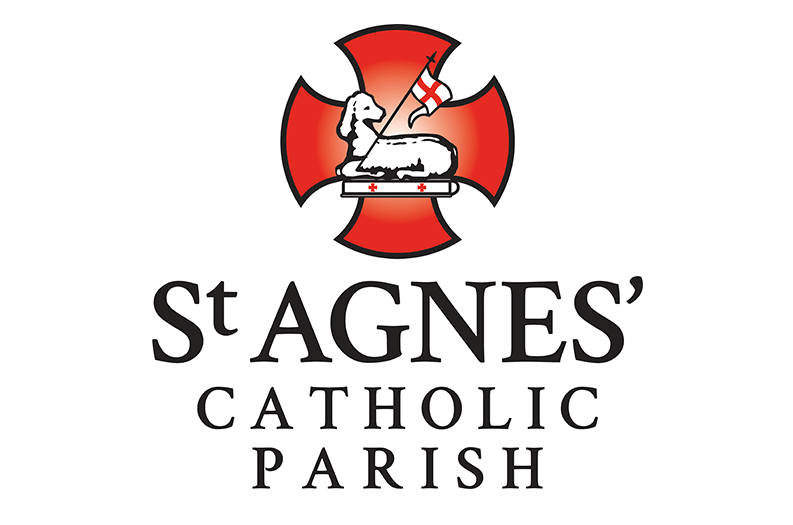 A logo for st agnes catholic parish with a lamb on a cross