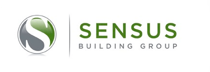 The logo for sensus building group is green and gray.