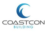 A logo for coastcon building with a blue wave in the middle.