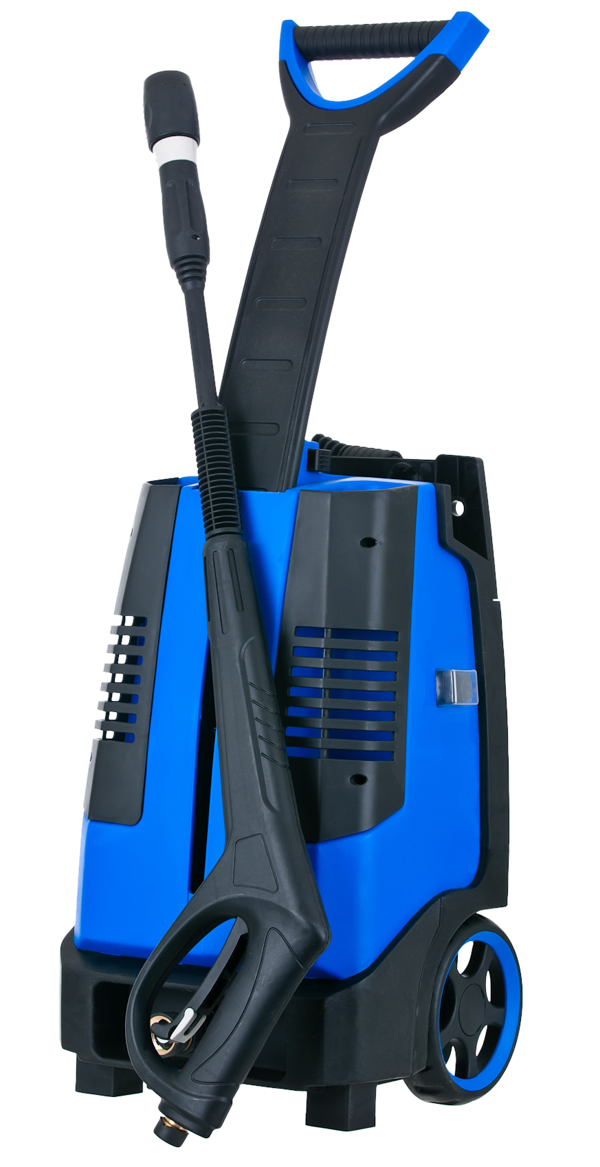 A blue and black high pressure washer with a hose attached to it.