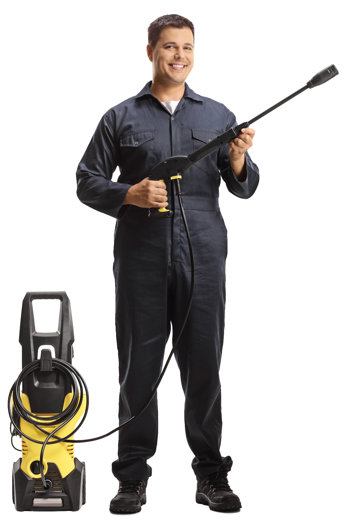 A man is holding a high pressure washer next to a vacuum cleaner.