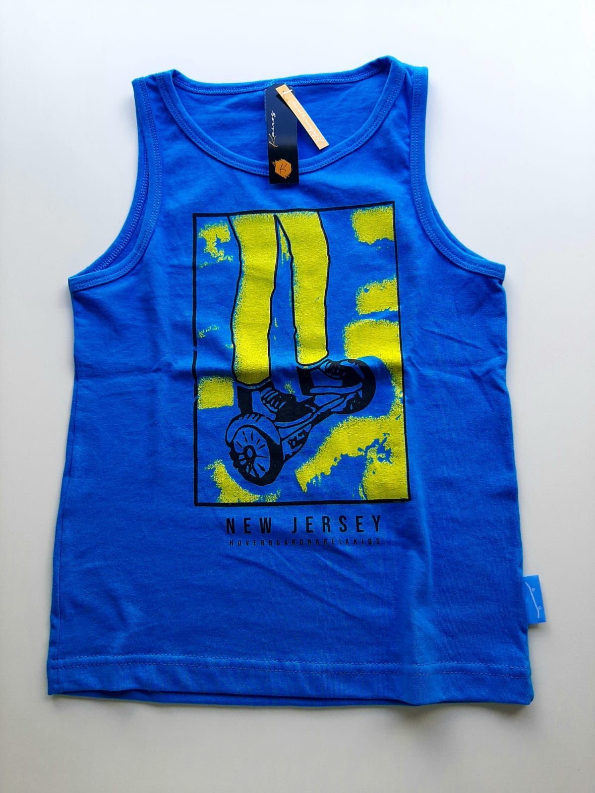 Una camiseta sin mangas azul que dice Nueva Jersey.