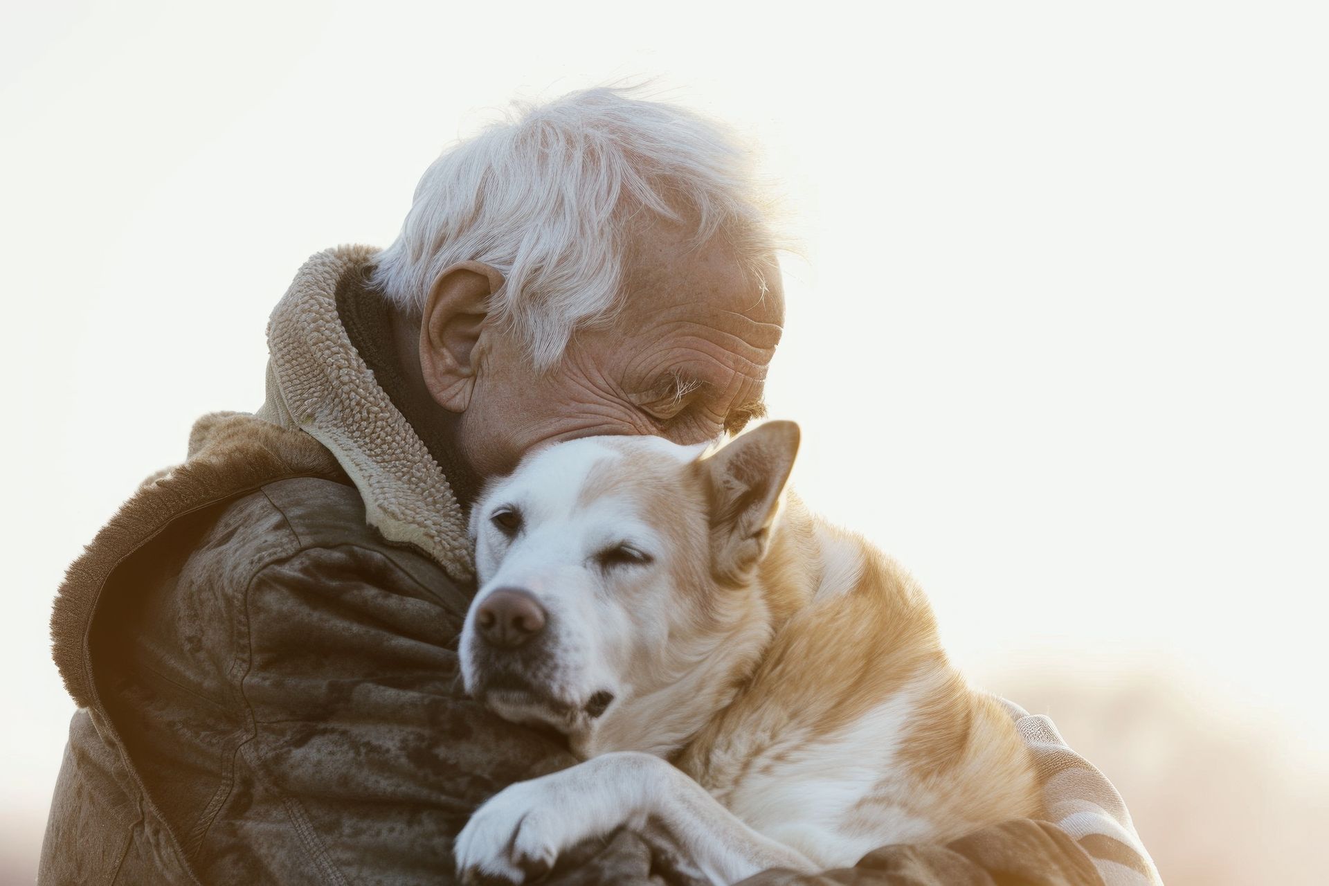 An elderly man is carrying and hugging  his aging dog in an outdoor setting.