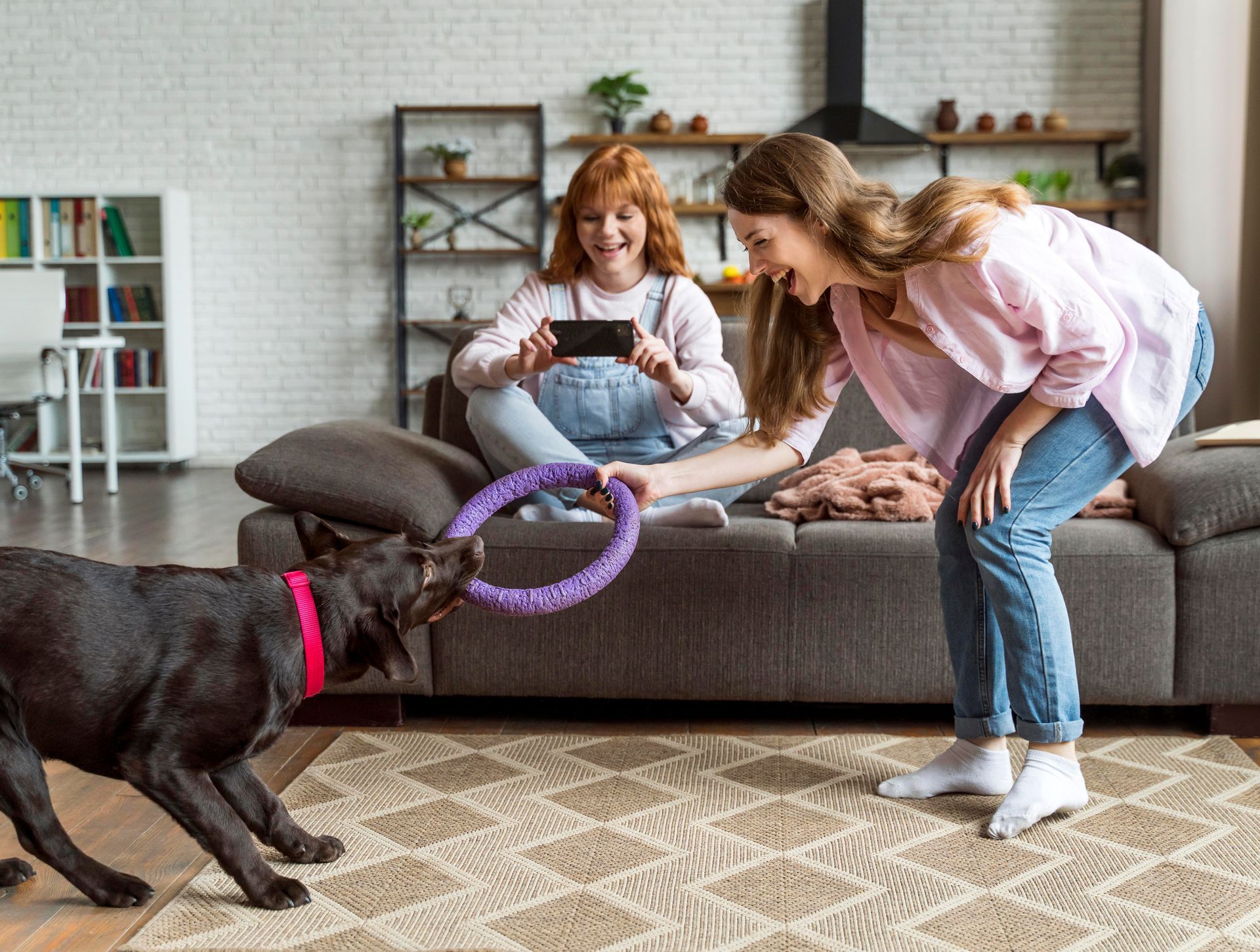 Woman playing fetch with a black dog, another woman taking a photo on the couch, indoors.