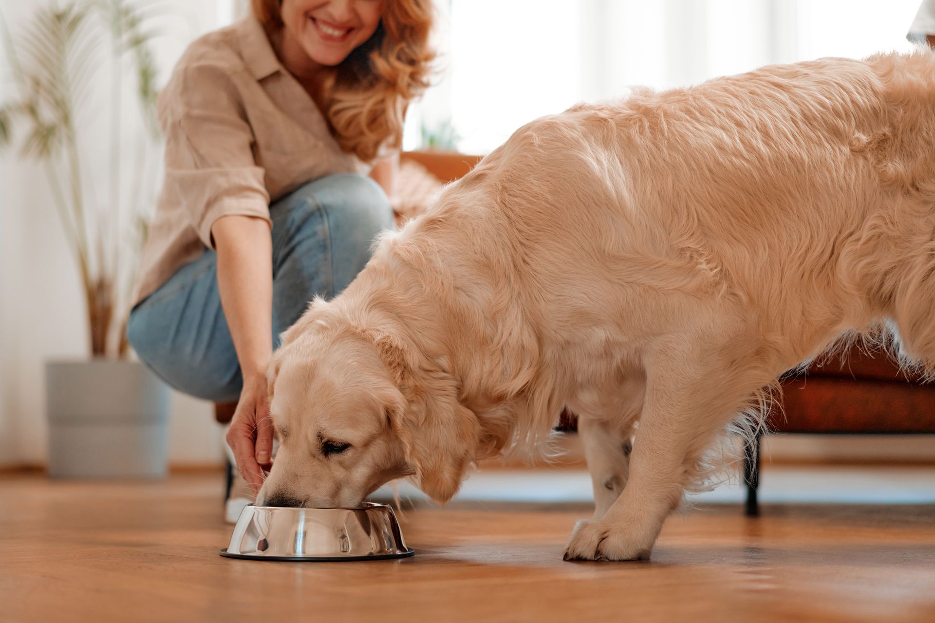 Woman smiles as golden retriever eats from a bowl indoors.