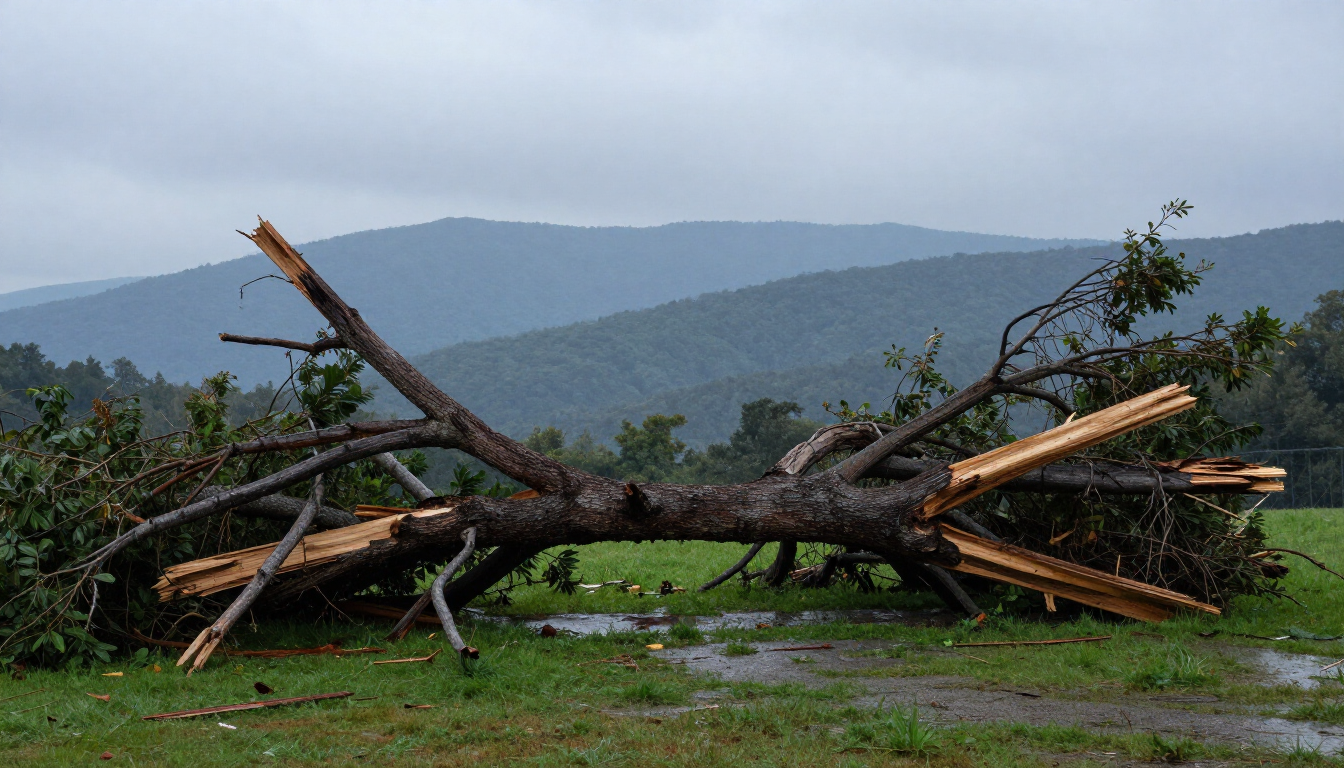 Storm-damaged tree in Asheville landscape