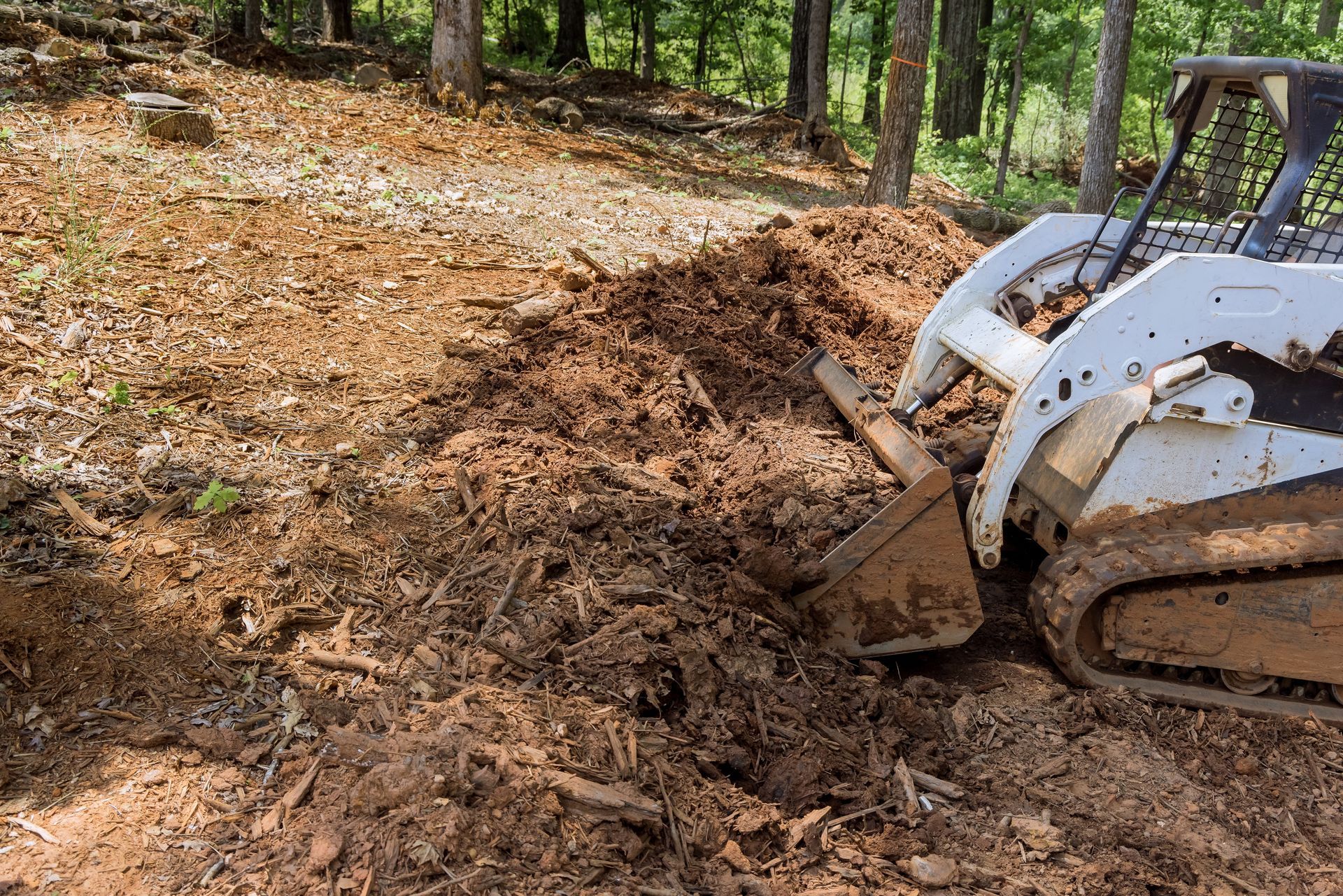 A white skid steer loader pushing dirt in a wooded area.