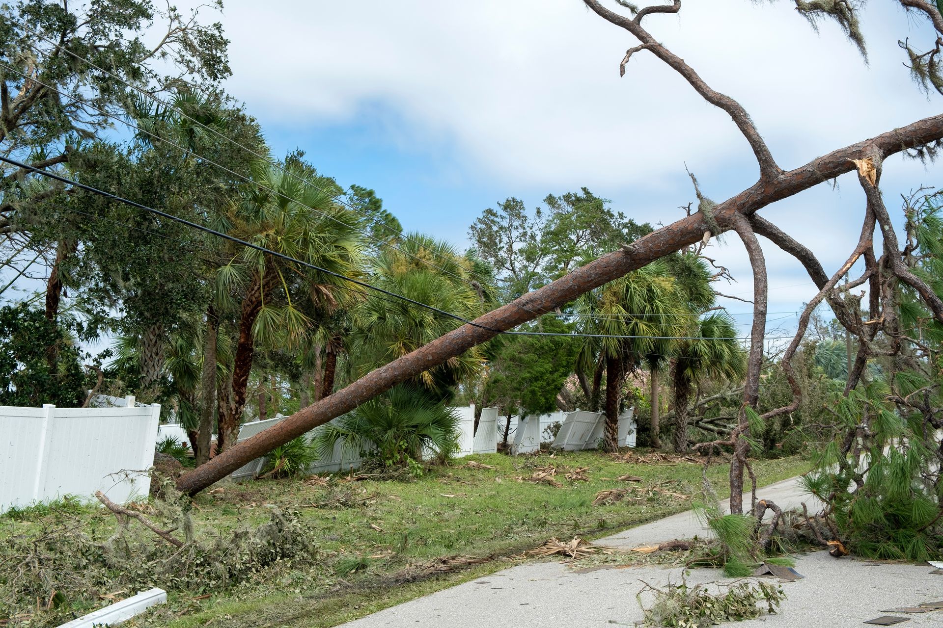 Fallen tree limb over a road and yard, post-storm damage with trees and a white fence visible.