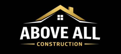 Logo for Above All Construction, black background, gold house graphic with white text.
