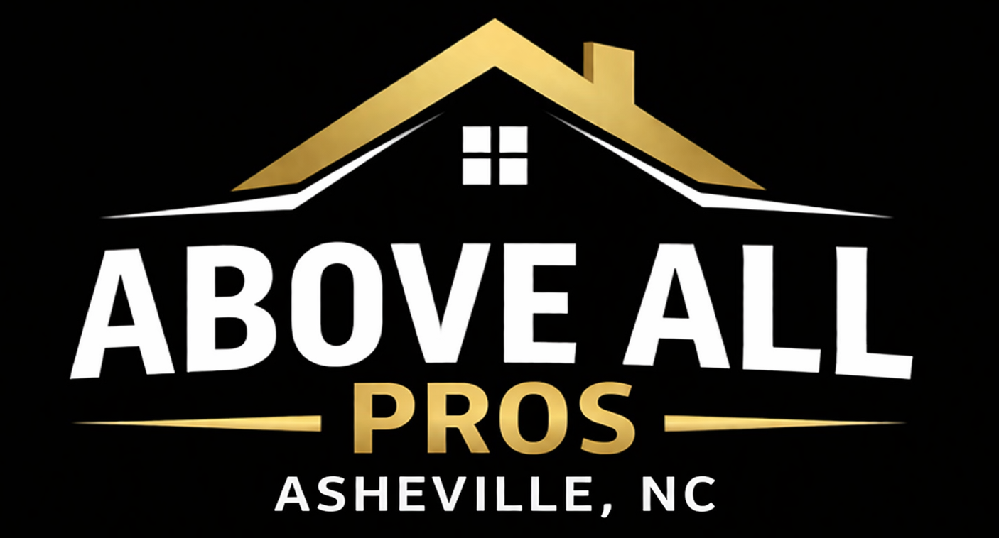 Logo for Above All Construction, black background, gold house graphic with white text.