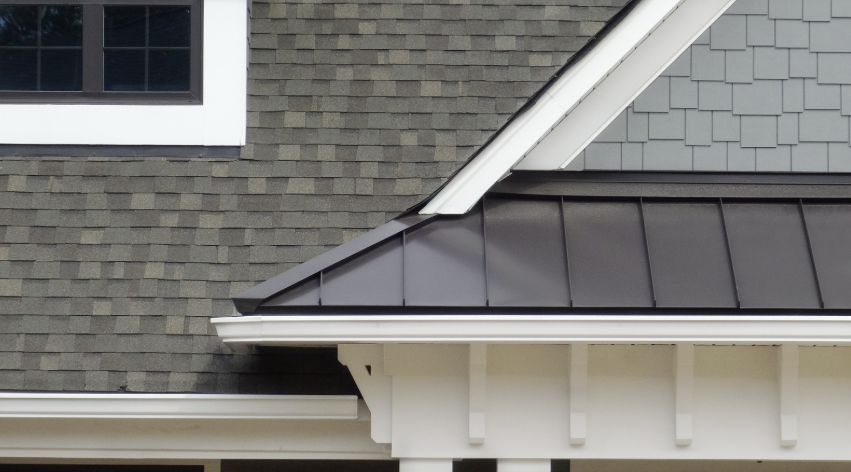 Grey roof shingles, and siding for storms.