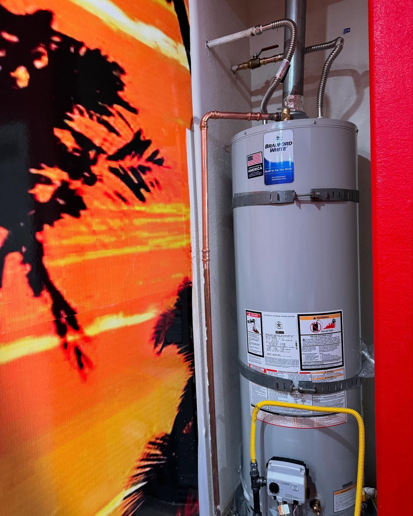 Two water heaters, copper pipes against a wall with a sunset mural.