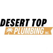 Logo for Desert Top Plumbing Inc.: black text on a tan banner with a palm tree.