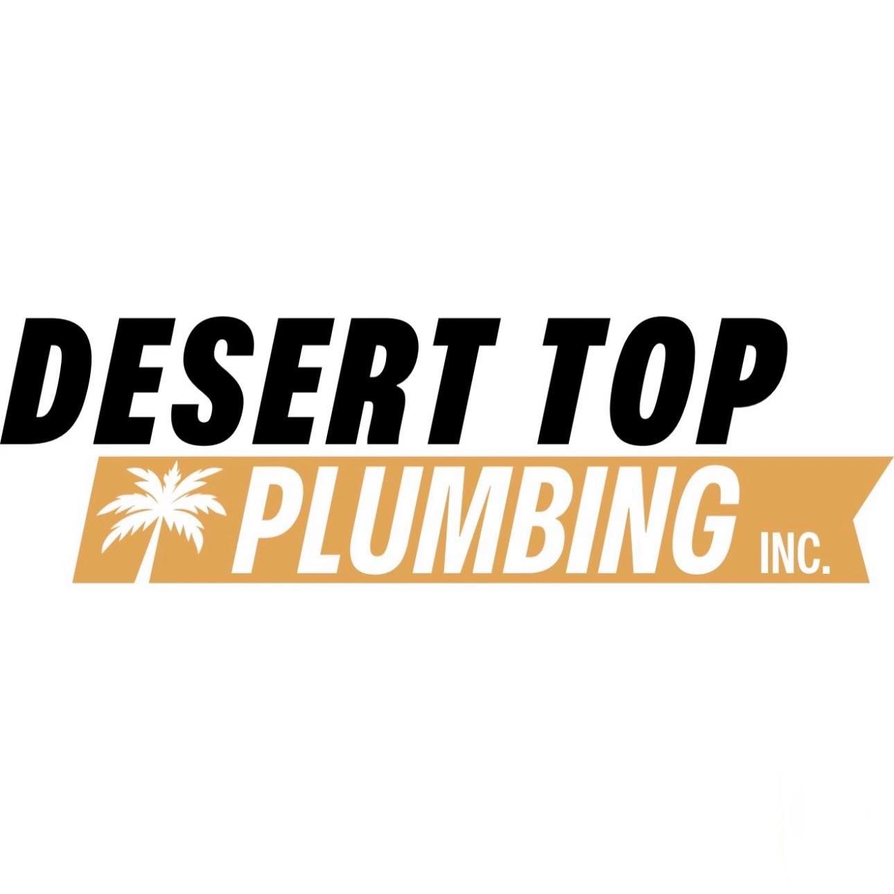 Logo for Desert Top Plumbing Inc.: black text on a tan banner with a palm tree.