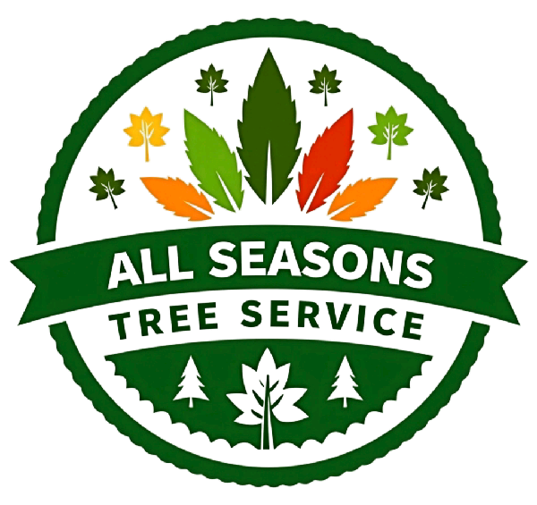 Logo for All Season Tree Care with trees and a phone number.