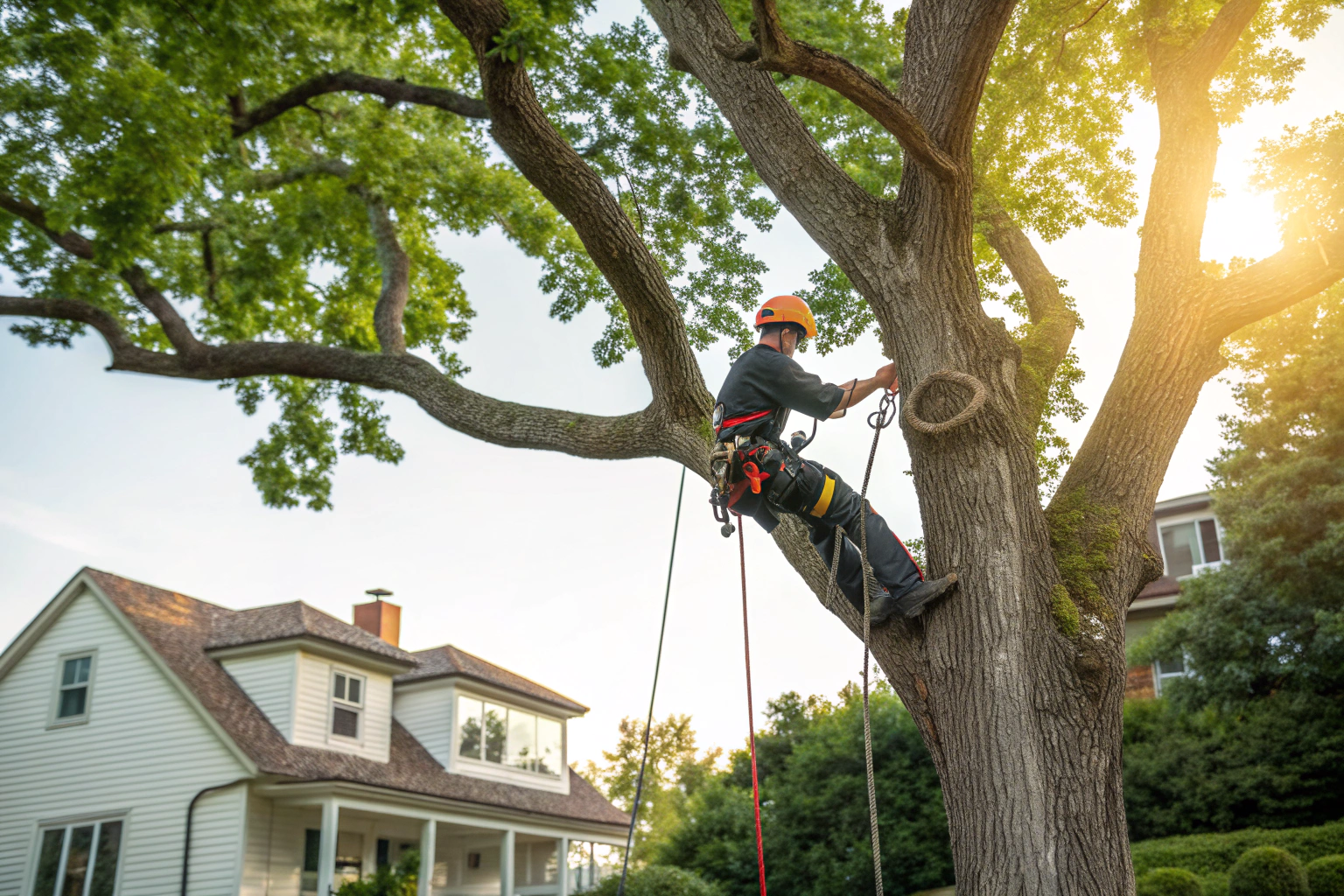 Arborist trimming tree branches near a house, wearing safety gear, bright sunlight.