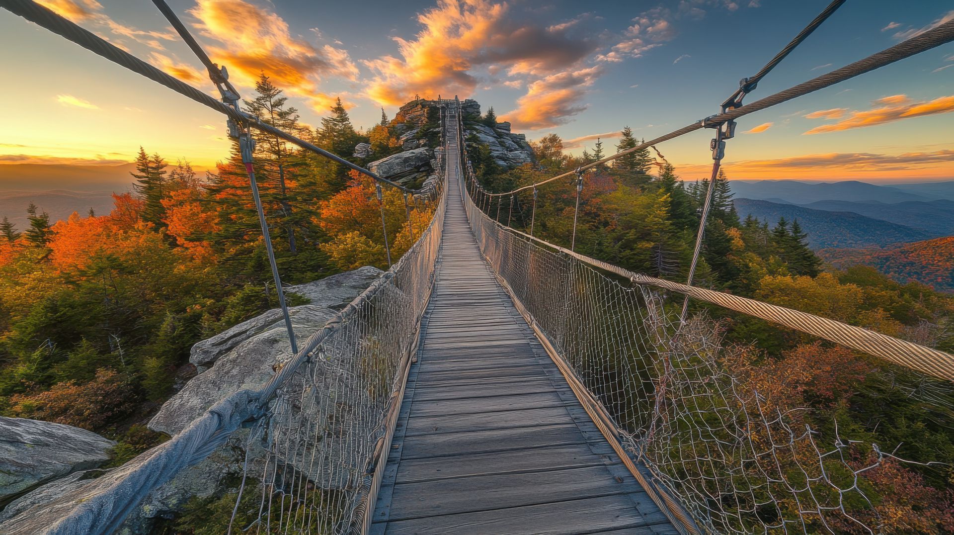 A suspension bridge over a mountain with a sunset in the background.