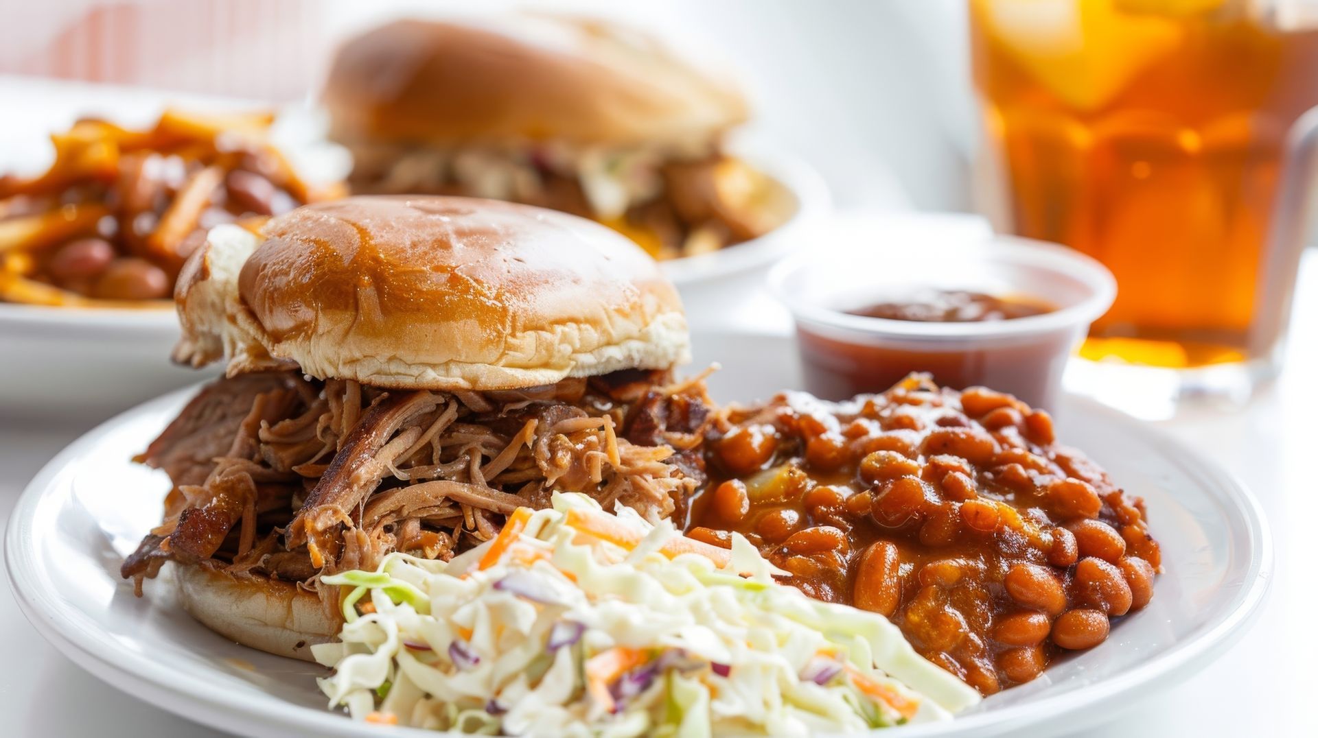 A pulled pork sandwich with coleslaw and baked beans on a plate.