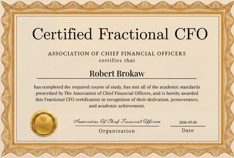 Certificate for Certified Fractional CFO from the Association of Financial Officers, gold-bordered with seal