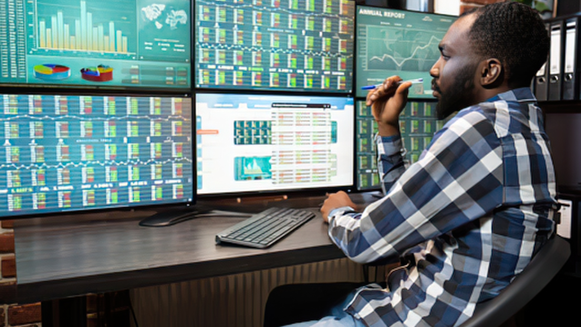 A corporate financial professional monitoring an automated real-time accounting data dashboard with live analytics.
