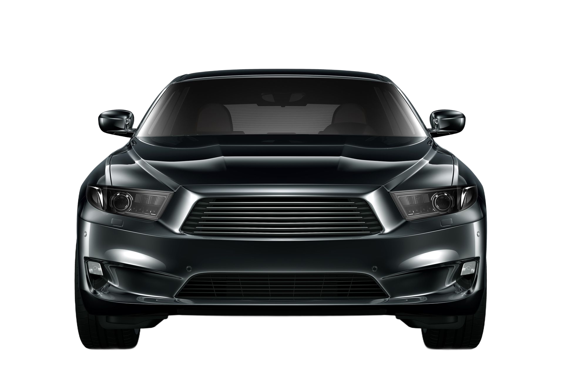 Dark gray sedan, front view, on a white background.