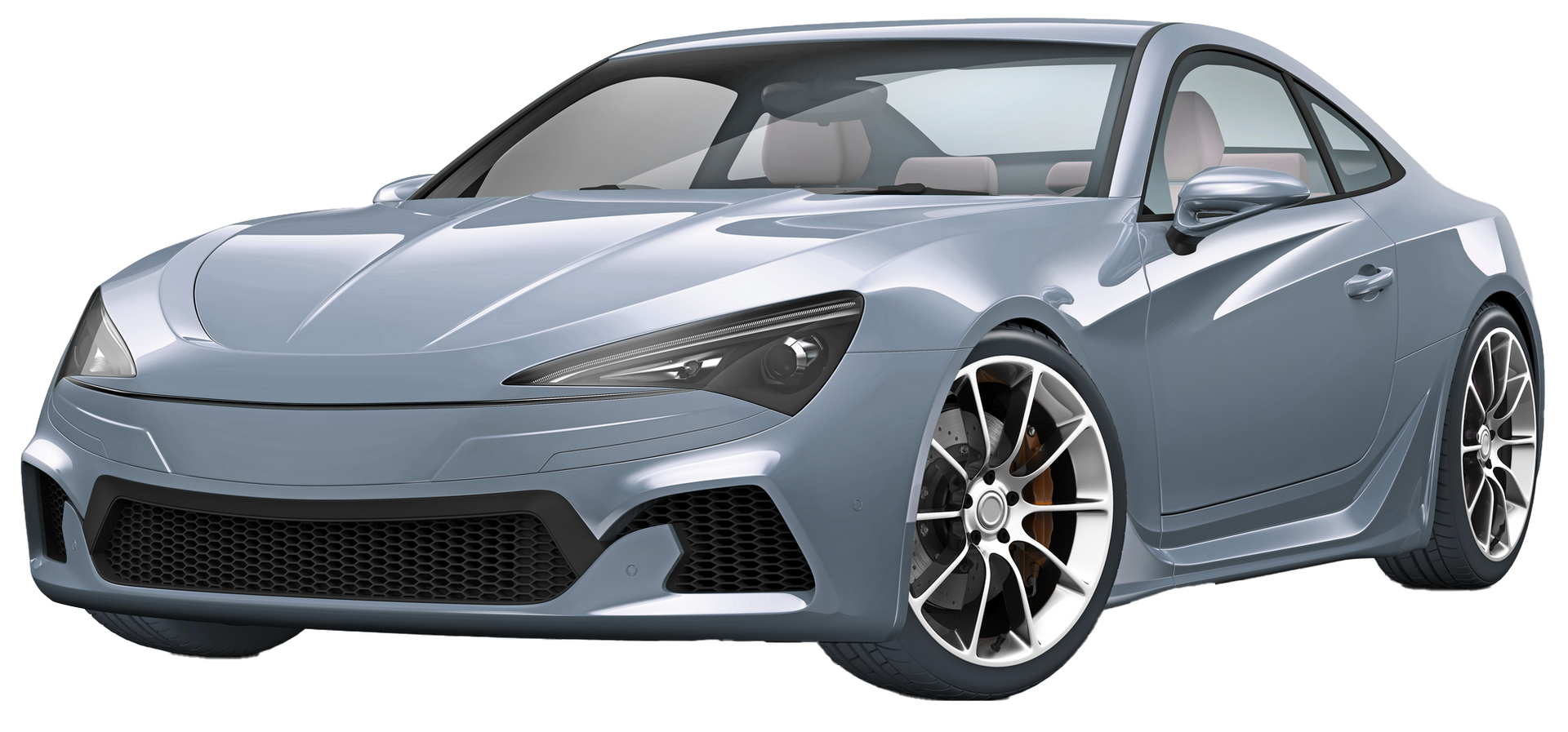 Gray sports car with black accents, parked outside.