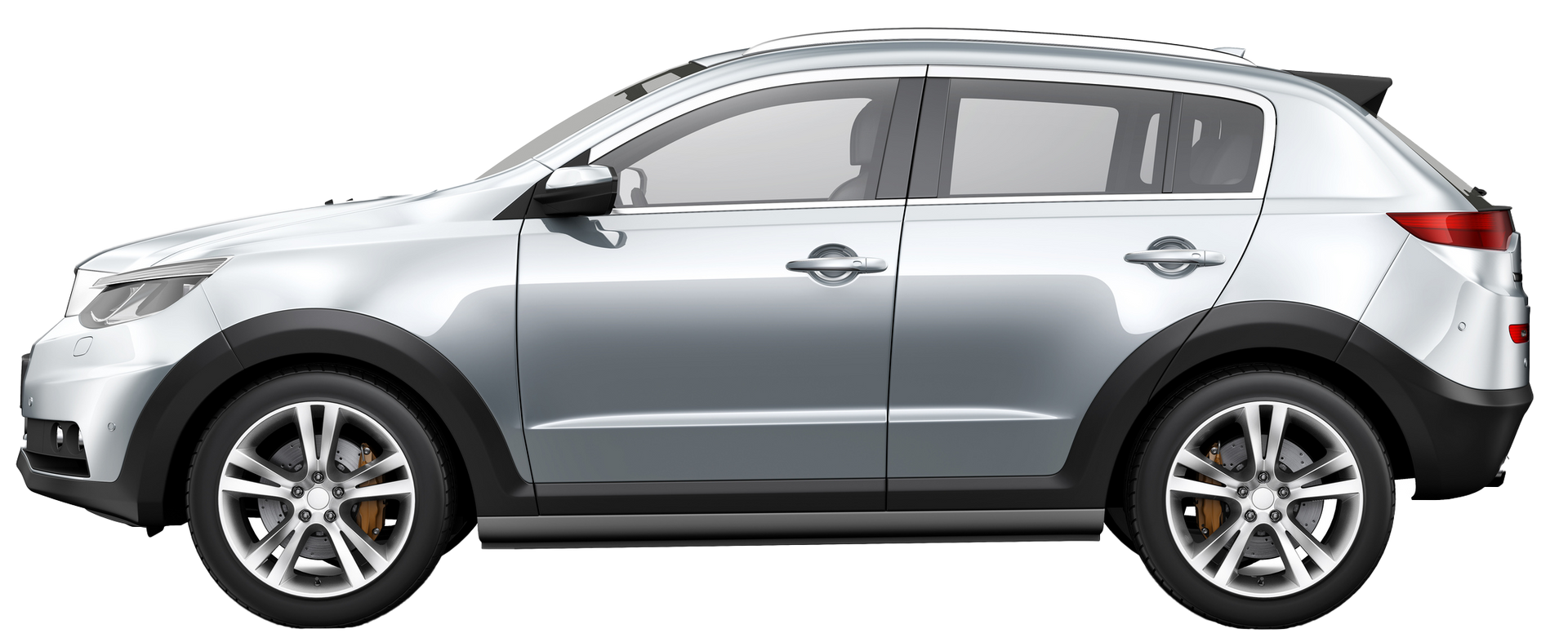 Silver SUV from the side. Black accents and rims.