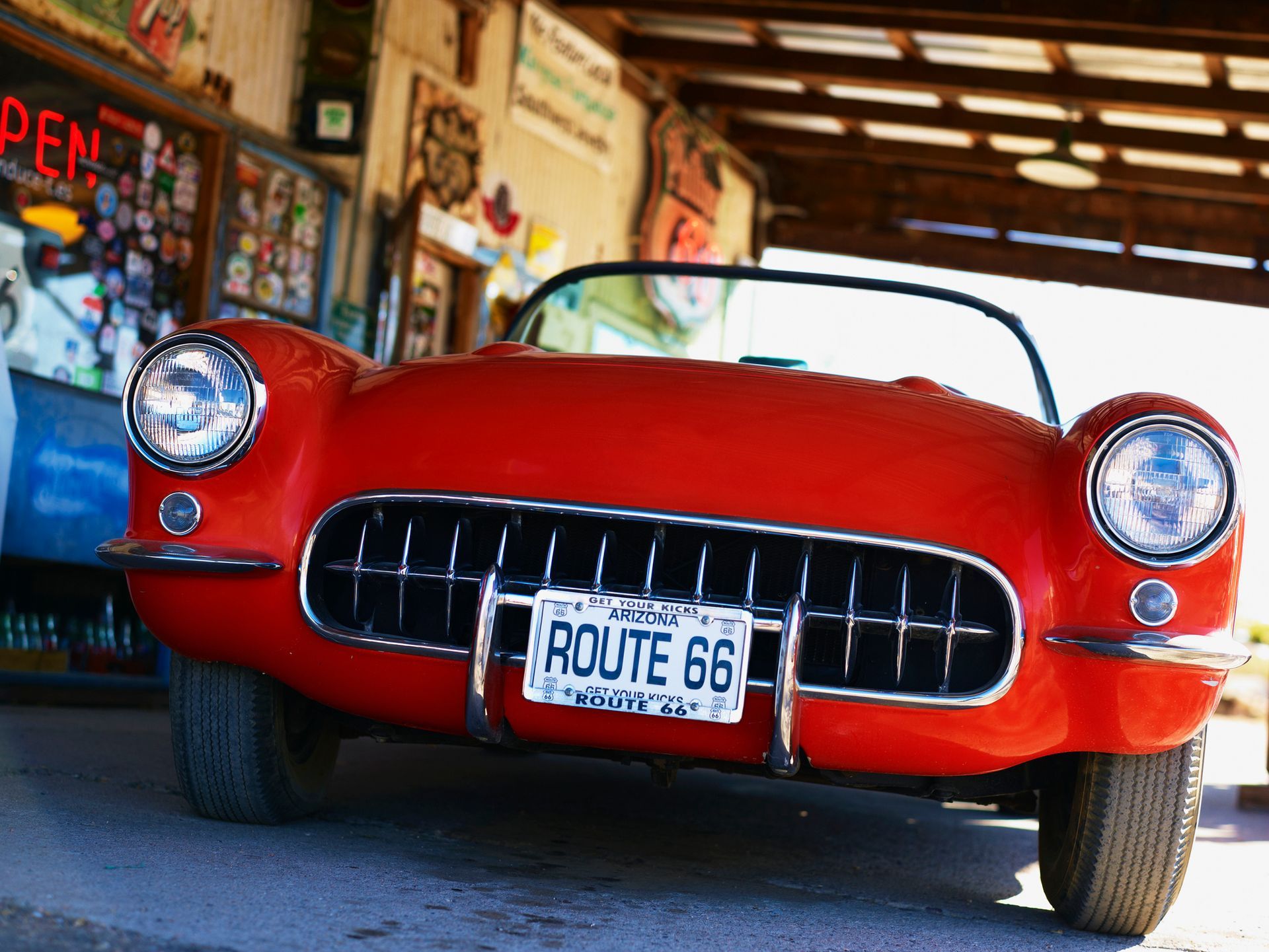 Red vintage convertible with a 