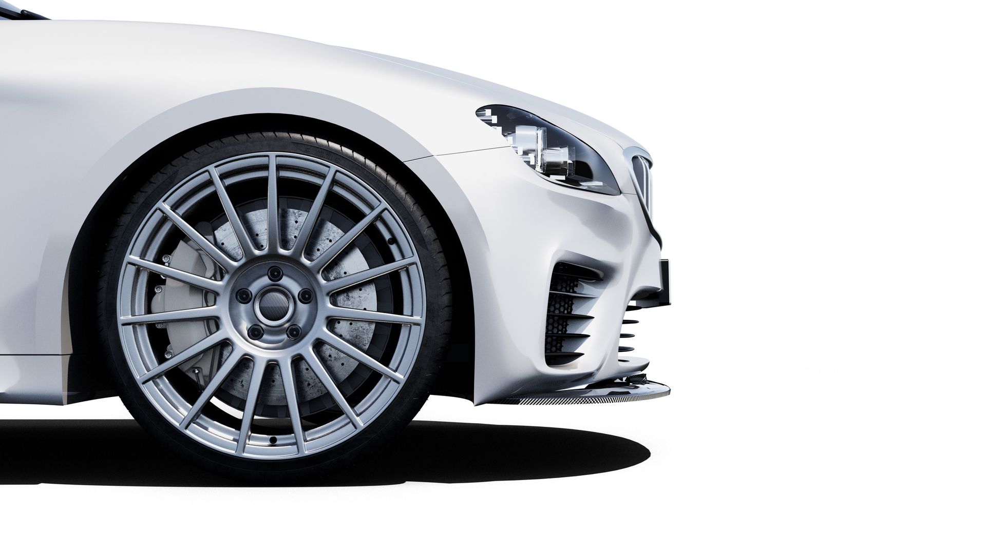 White sports car front quarter view, silver wheel, black shadow. White sports car front quarter view, silver wheel, black shadow.