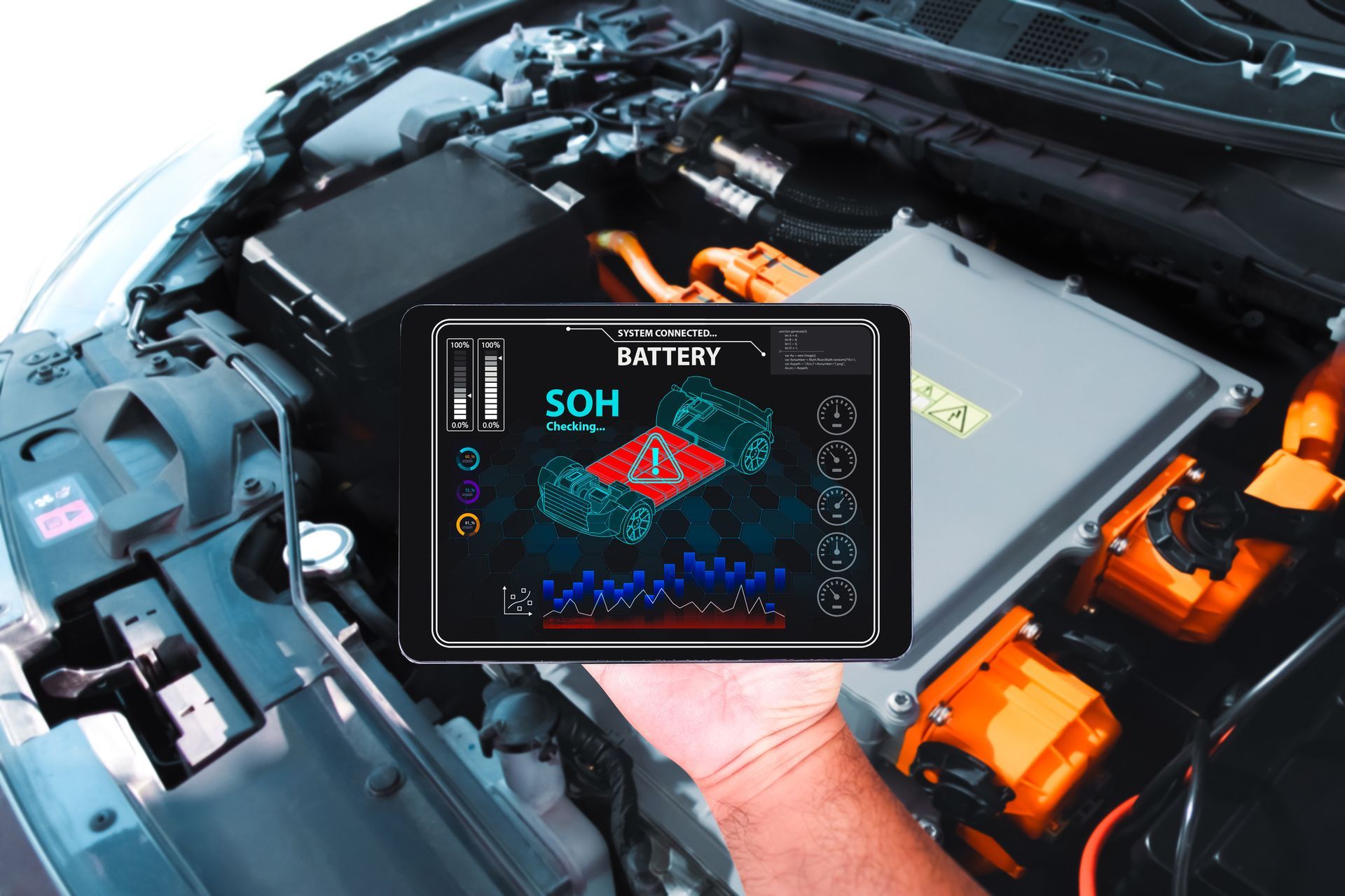 Person using a tablet to diagnose an EV battery. Dashboard displays SOH and error alert. Engine bay open.