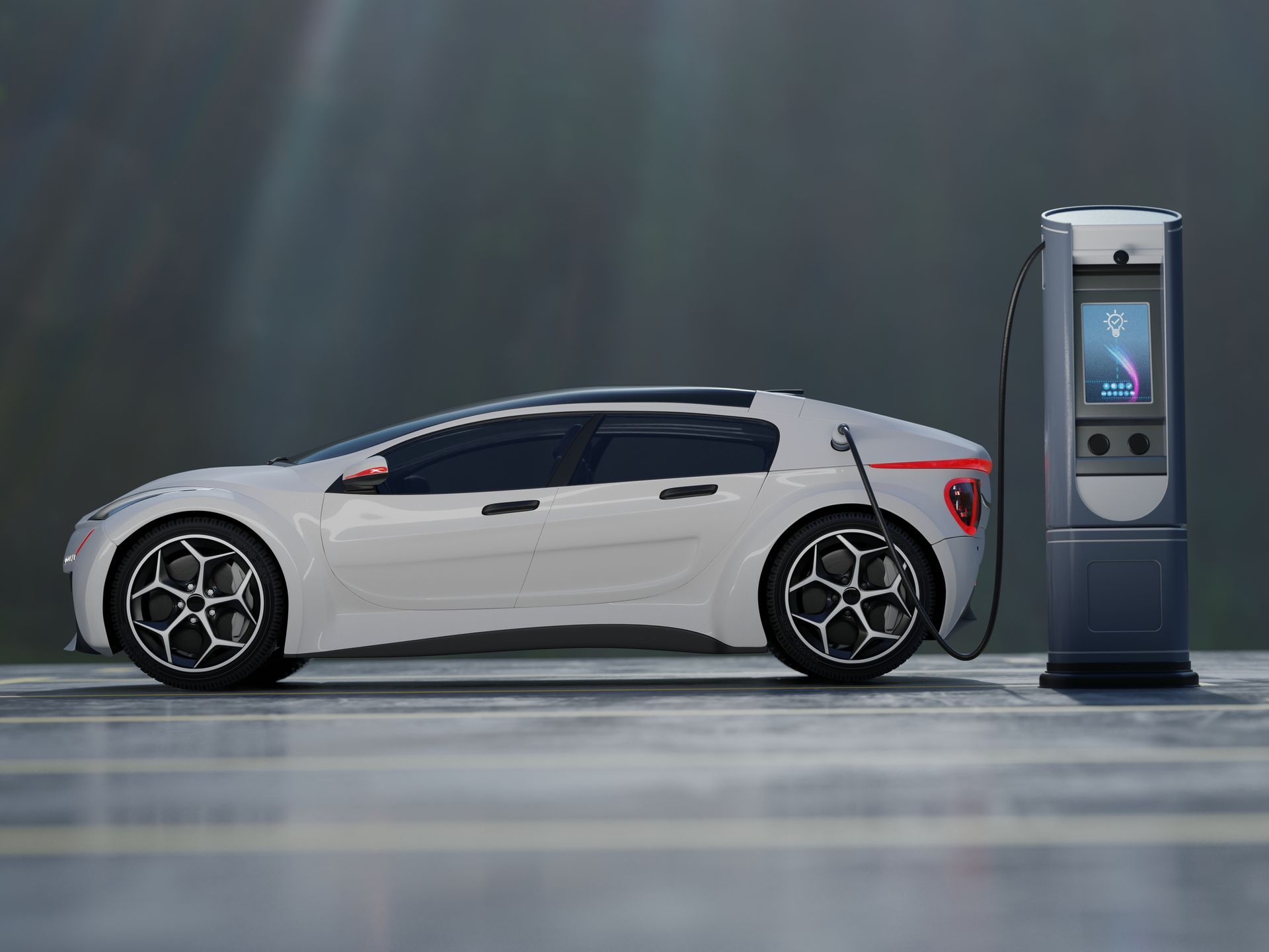 White electric car charging at a station.