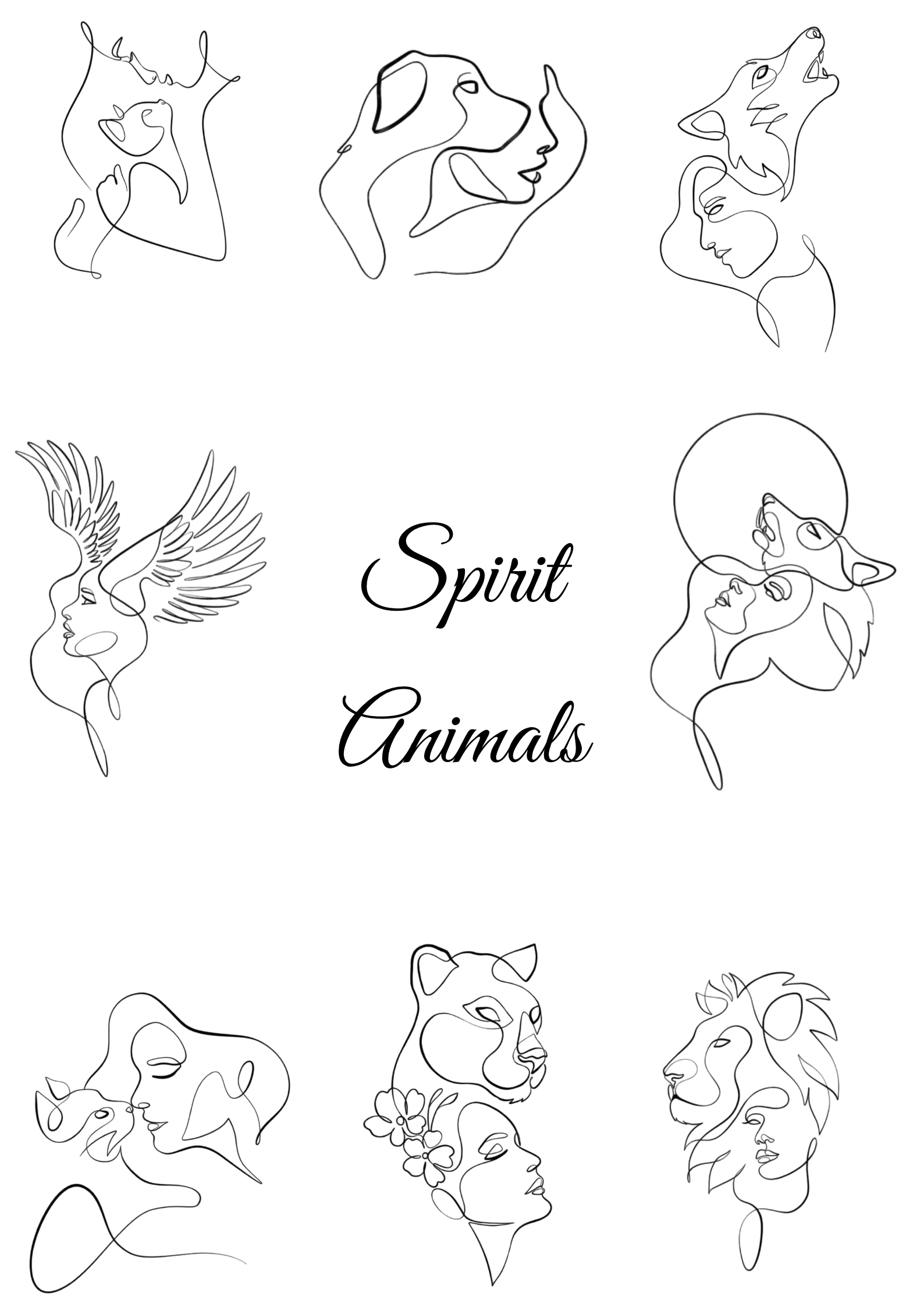 Line art drawings of spirit animals, including a bear, eagle, wolf, and other animals. Text reads 