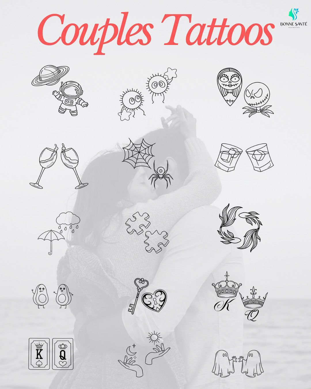 Blurred photo of couple embracing, with overlay of couples tattoo designs in black ink.