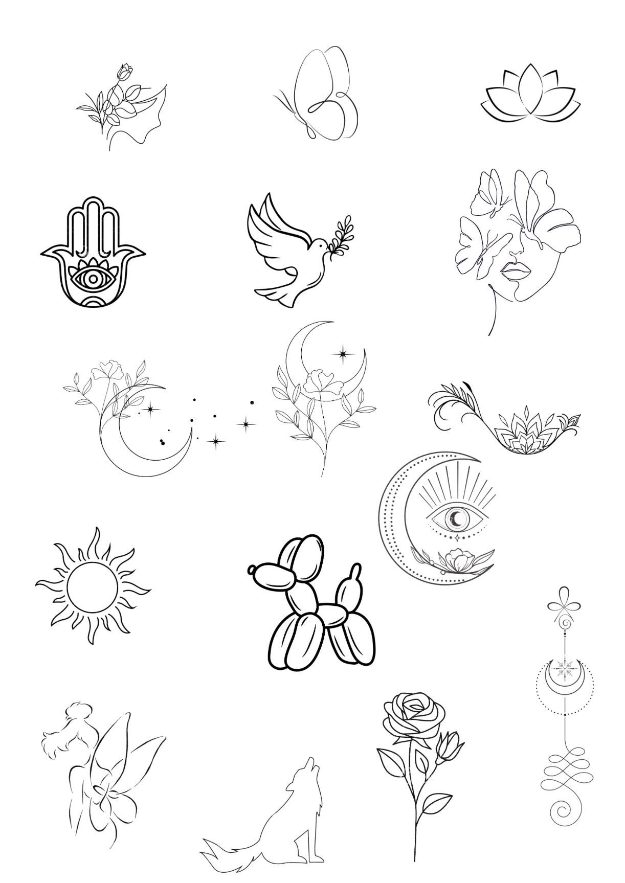 Collection of small, black line art illustrations of various symbols: a butterfly, lotus flower, hand, dove, moon, and more.