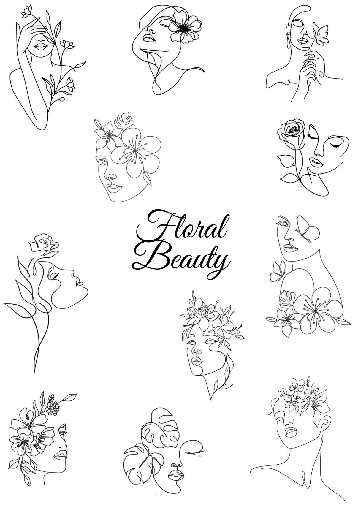 Line drawings of faces with floral accents; 