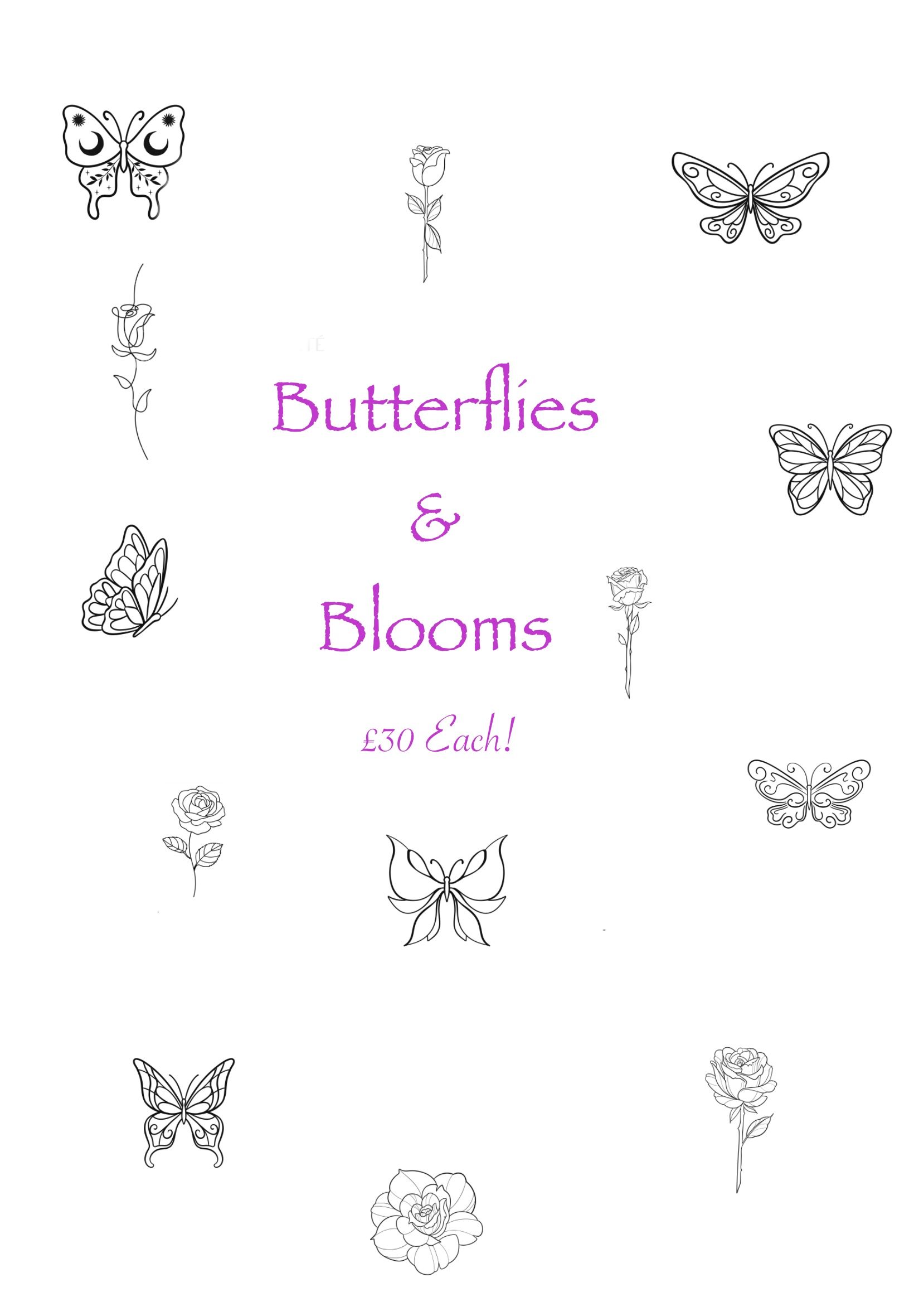 Butterflies and blooms pattern in black with purple text on a white background.