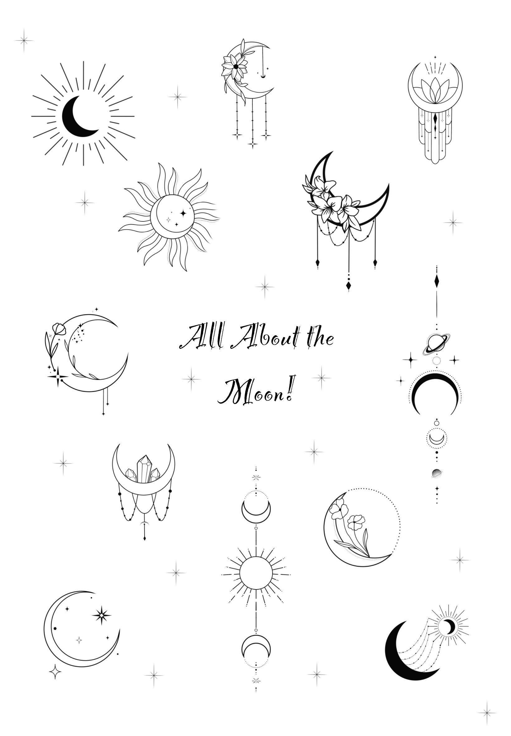 Celestial-themed illustration. Sun, moon, and star designs with text 
