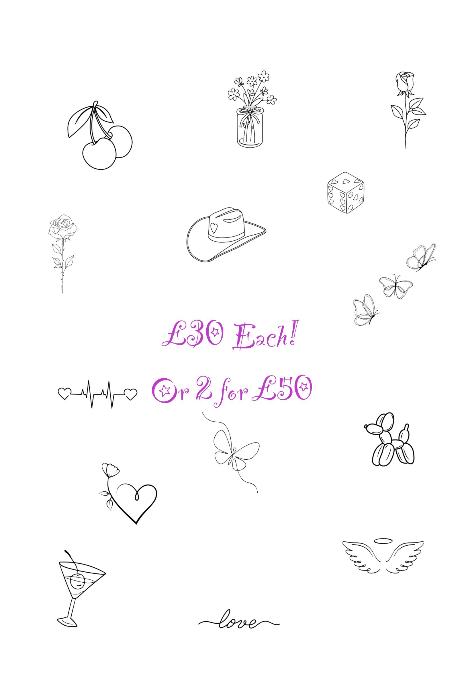 Line-drawn tattoo designs: cherries, flowers, heart, cocktail, with prices: £30 each or 2 for £50.