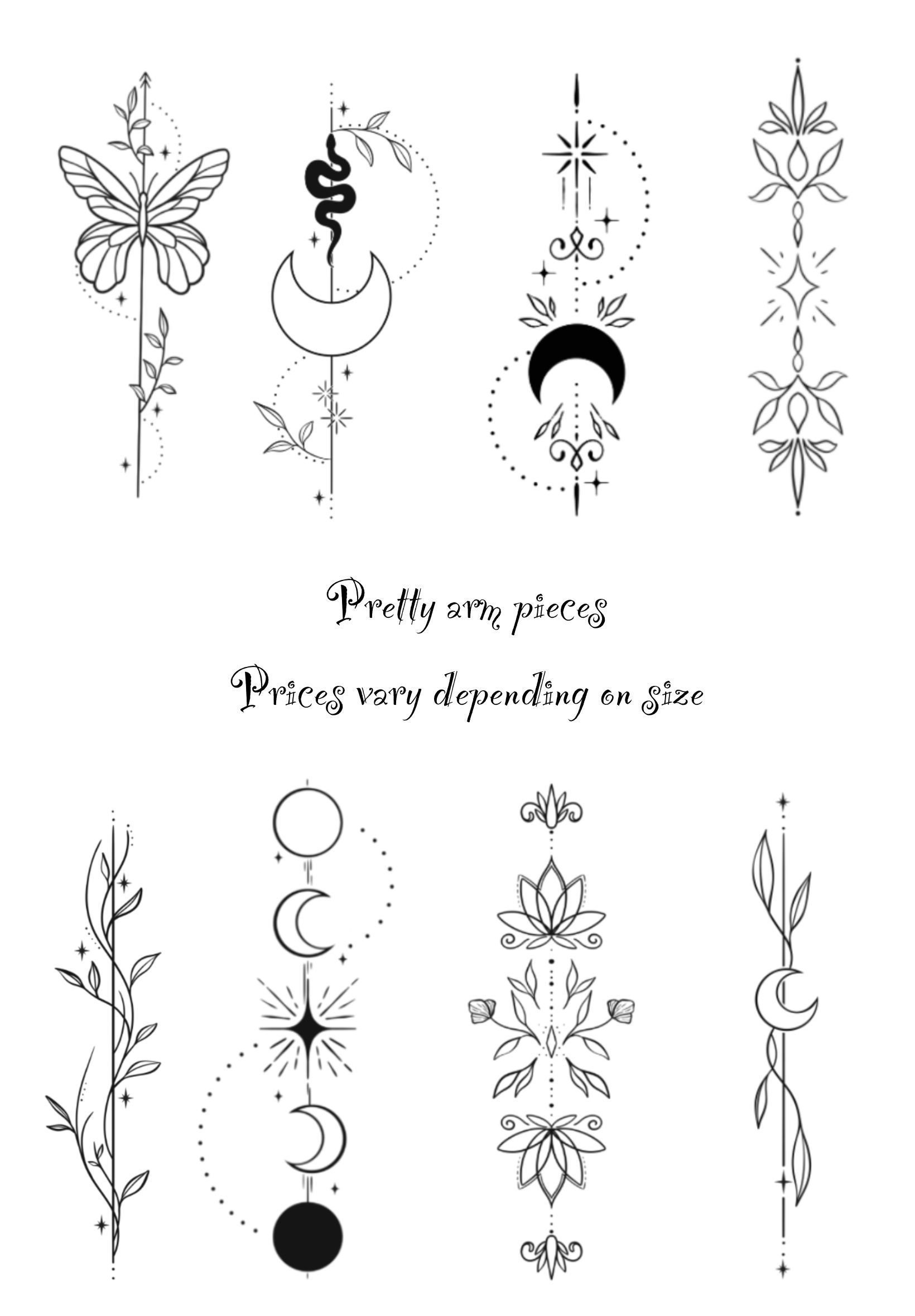 Nine delicate, black line-art tattoos featuring nature elements like butterflies, snakes, moons, plants, and geometric shapes.