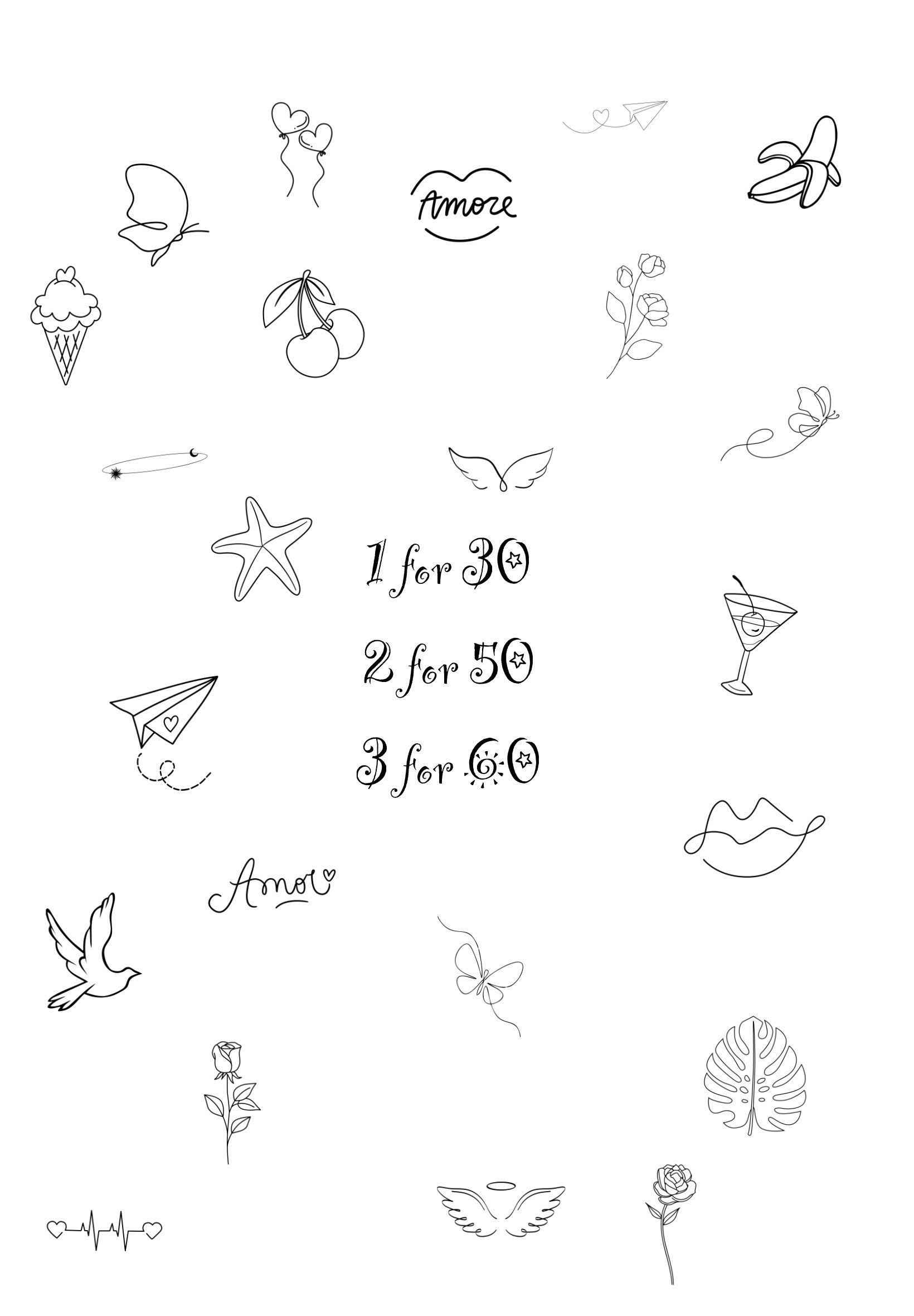 Various floral and botanical illustrations, with pricing text: 1 for 30, 2 for 50, 3 for 60.