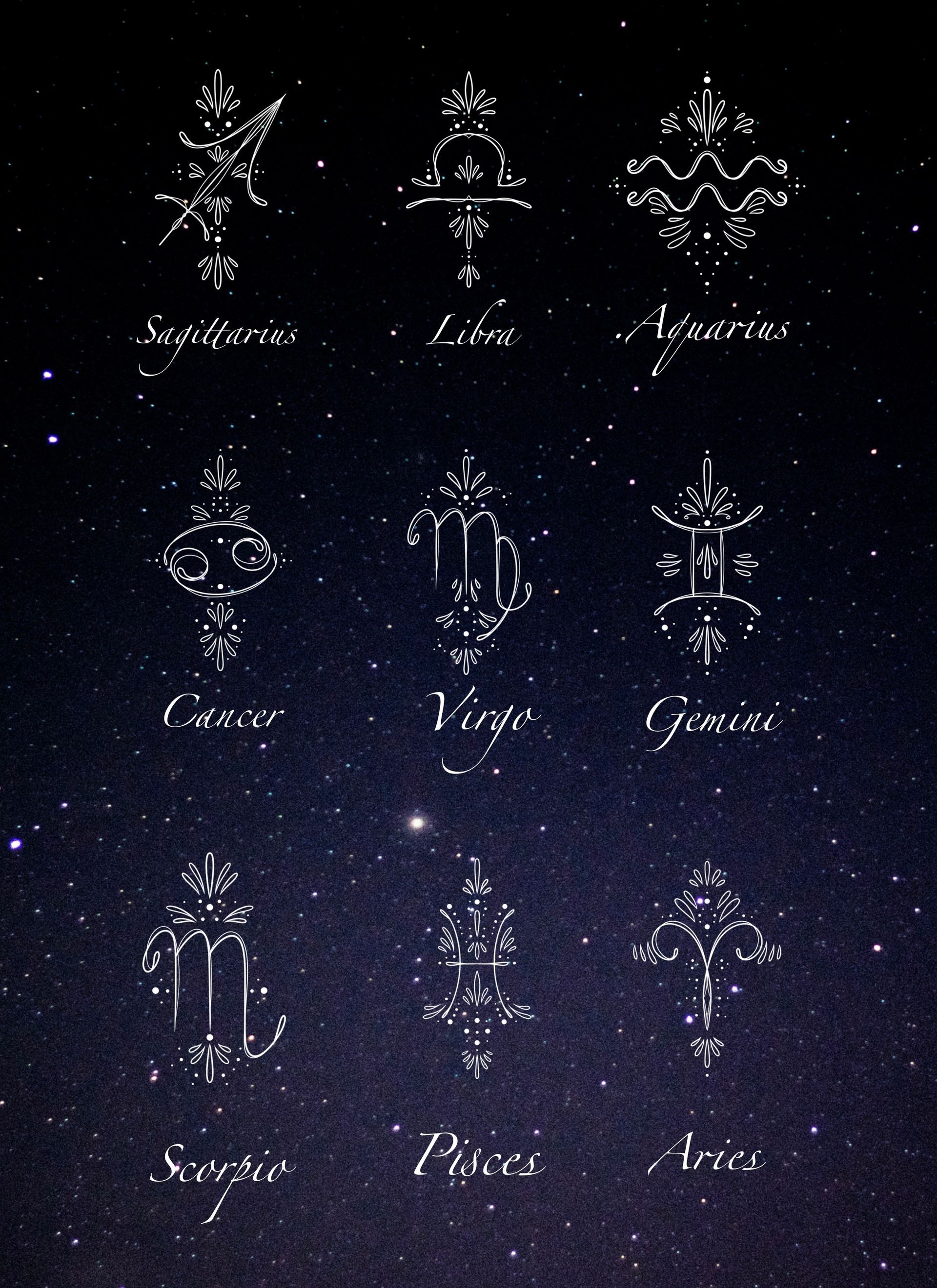 Constellation symbols over starry sky: Virgo, Libra, Gemini, Cancer, Leo, Taurus, Sagittarius, Mars, and Aries.