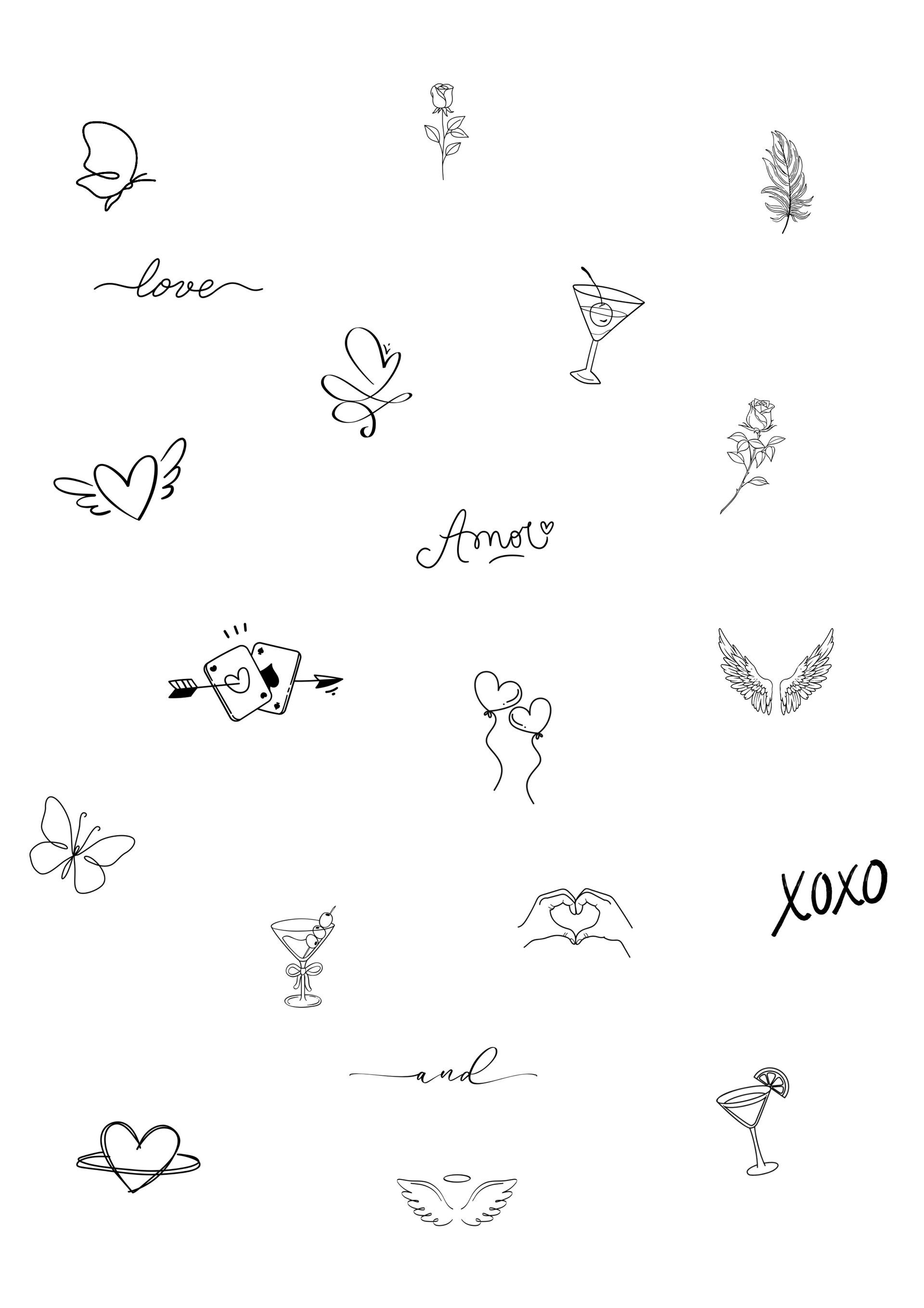 Various small, minimalist heart and floral illustrations, and the words 