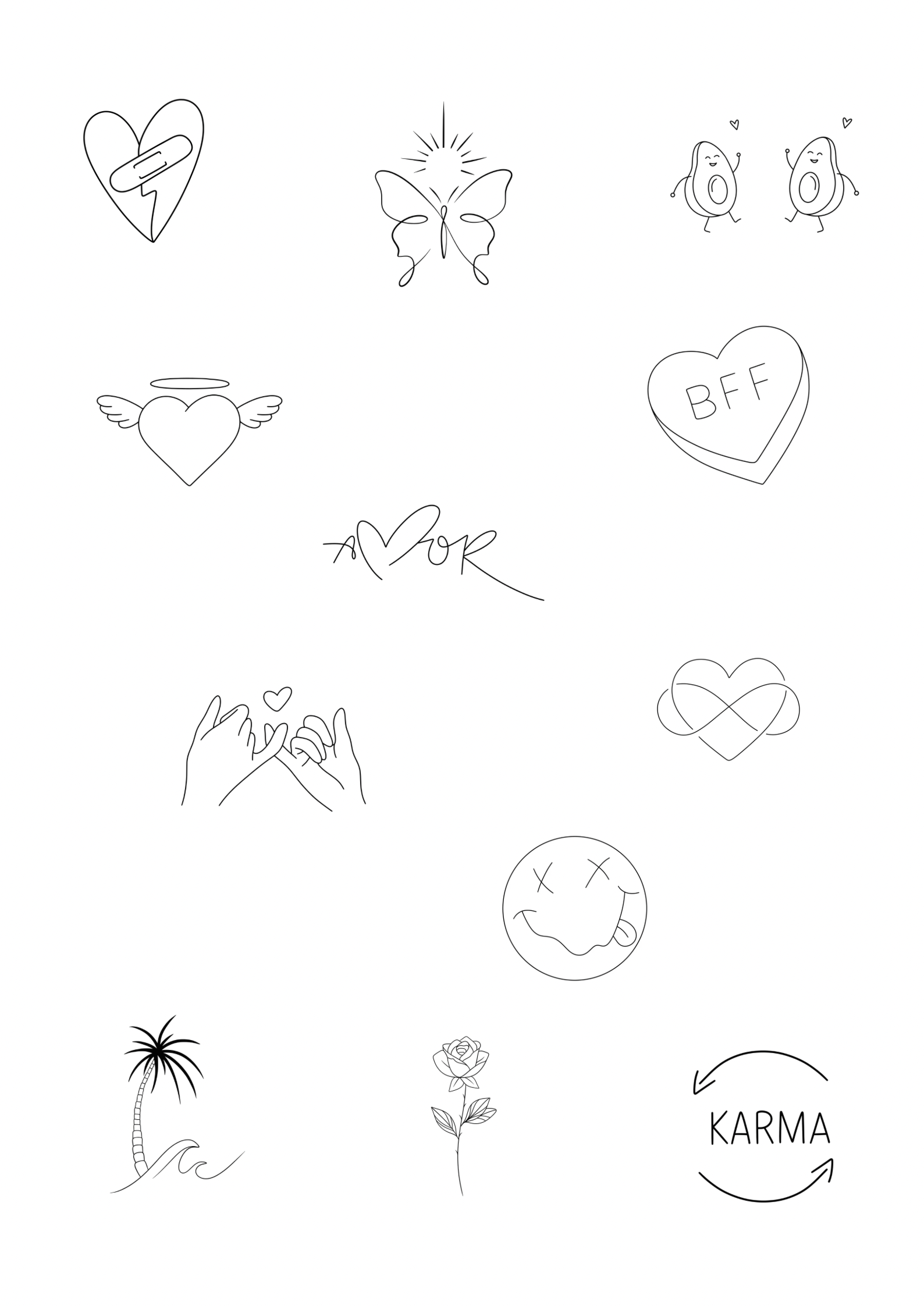 Collection of various outline-style illustrations, including hearts, flowers, and text, displayed on a white background.