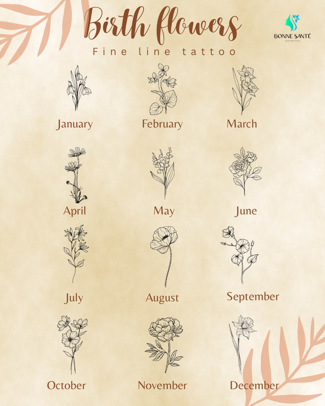 Birth flower tattoo guide: fine line drawings of 12 flowers representing each month.