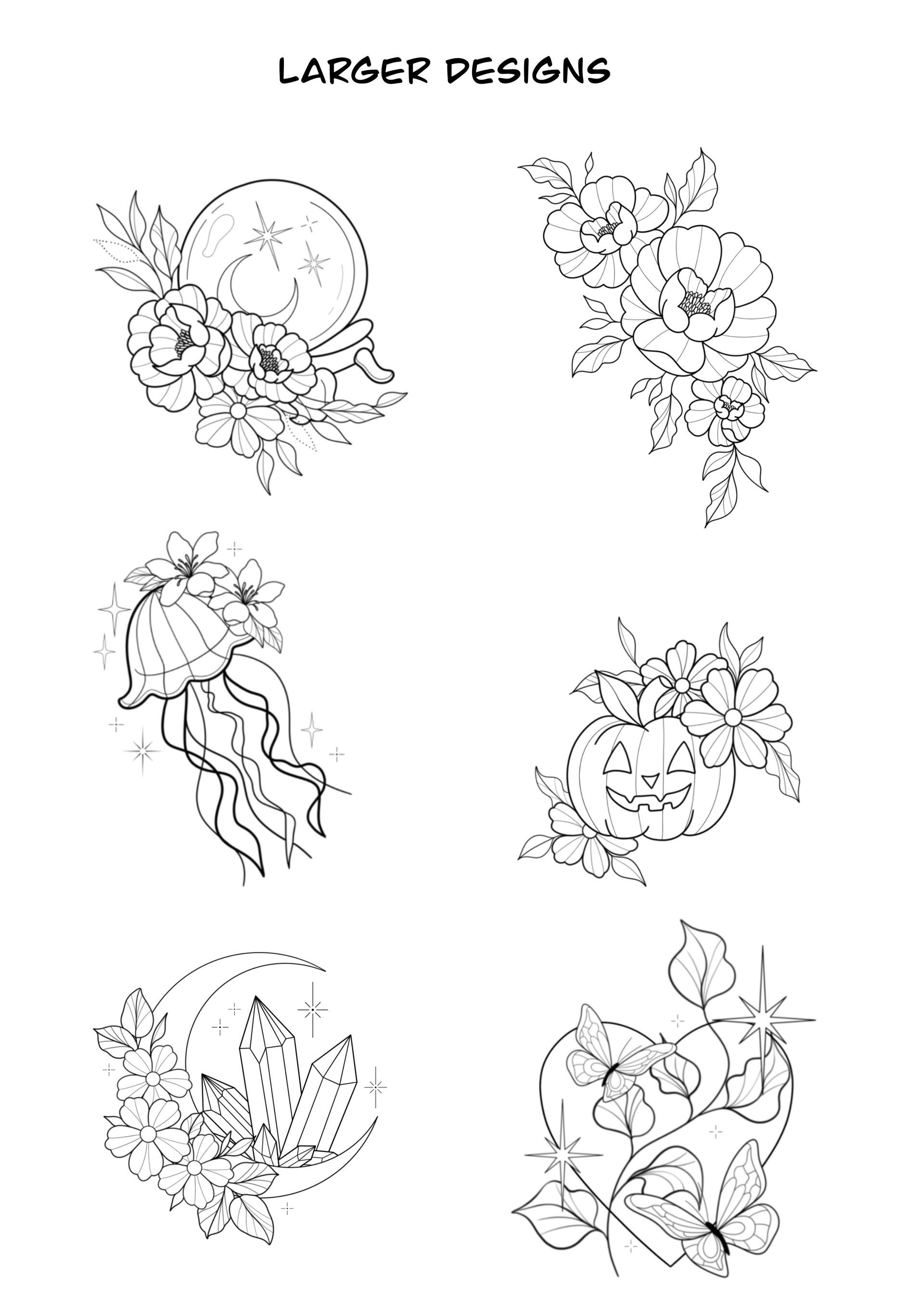 Six floral designs with various curved, circular elements.