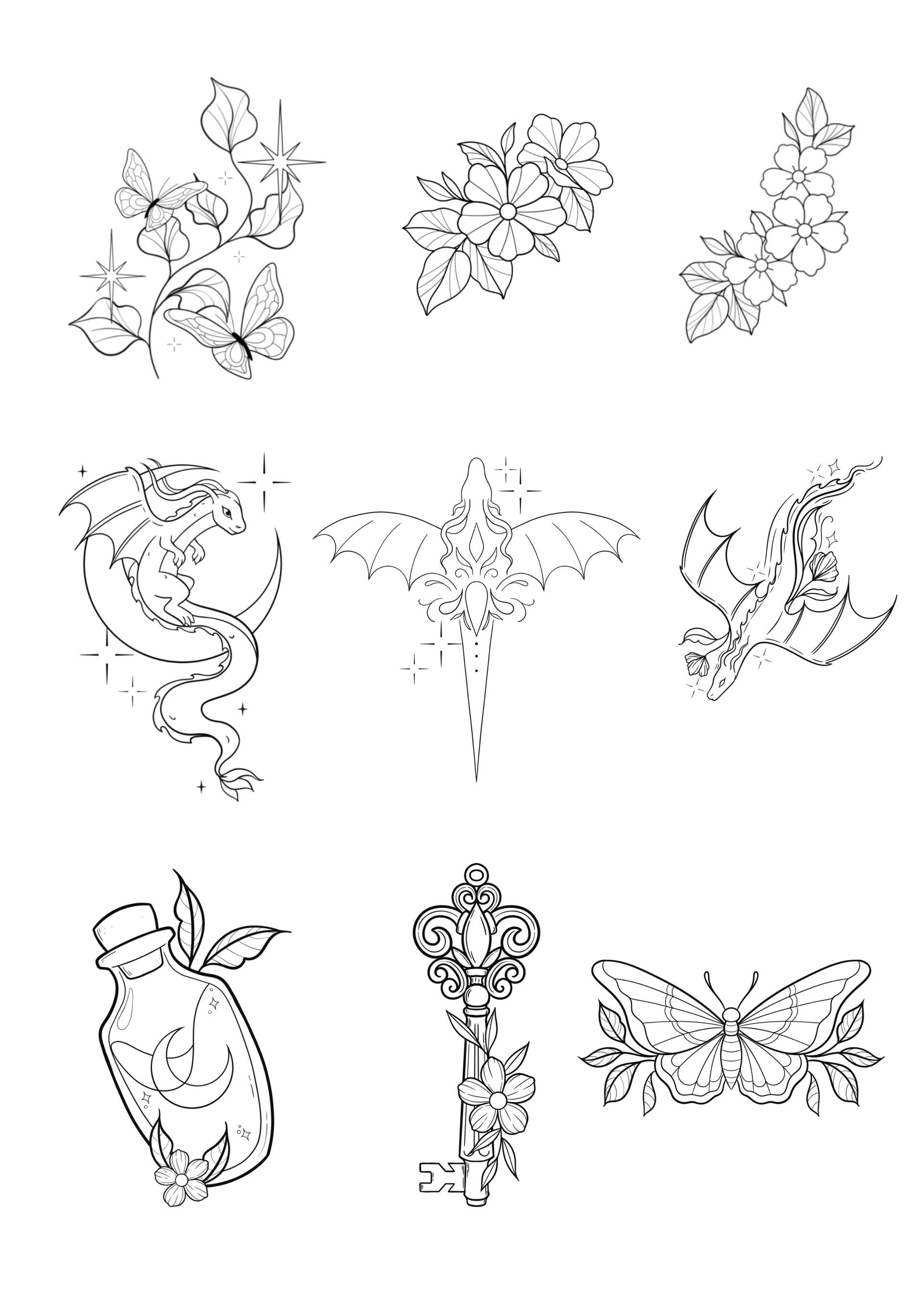Line art of flowers, celestial shapes, dragon, key, butterfly, and other ornamental elements.