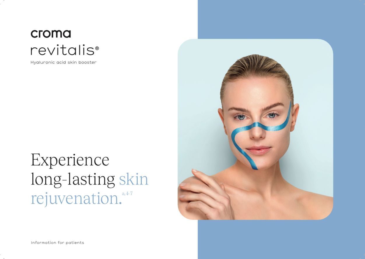 Woman with blue lines on her face, promoting skin rejuvenation. Text says "Experience long-lasting skin rejuvenation."