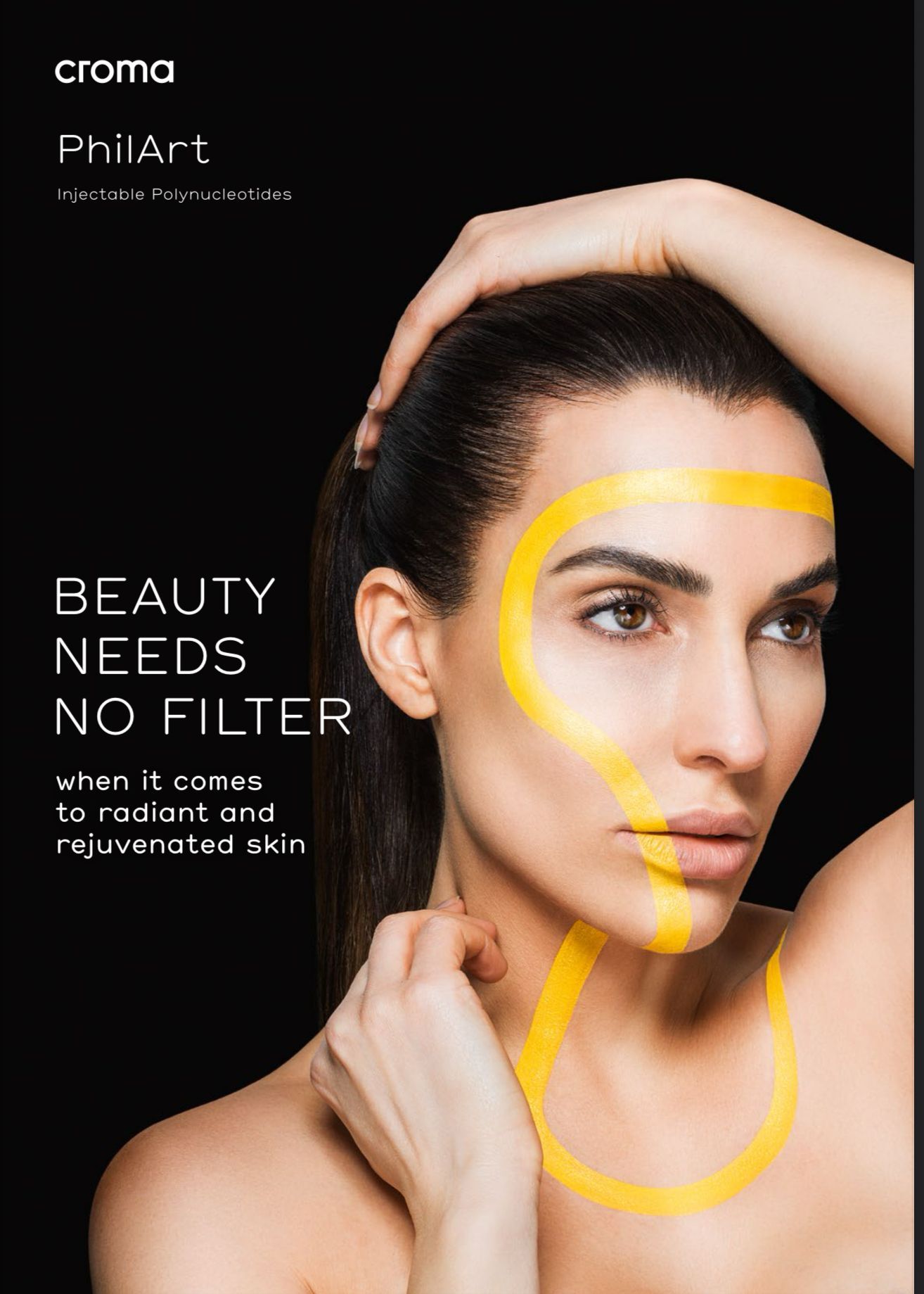 Woman with yellow outline on face, neck, and forehead; ad for skin rejuvenation.