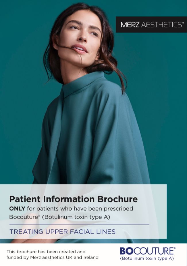 Brochure with woman, teal background. Treats upper facial lines with Bocouture, a botulinum toxin.