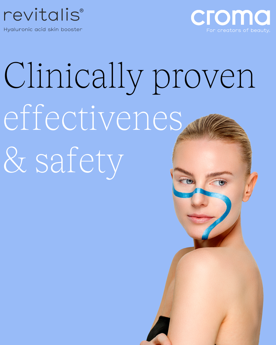 Woman with blue lines on her face, promoting 